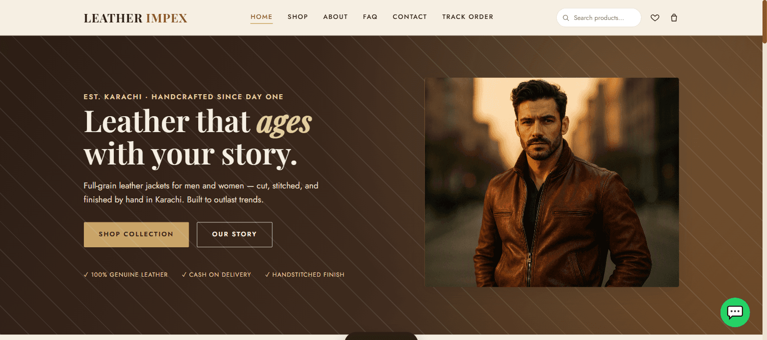 Leather Impex full-grain leather jacket store homepage