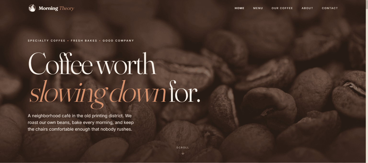 Morning Theory specialty coffee cafe website homepage