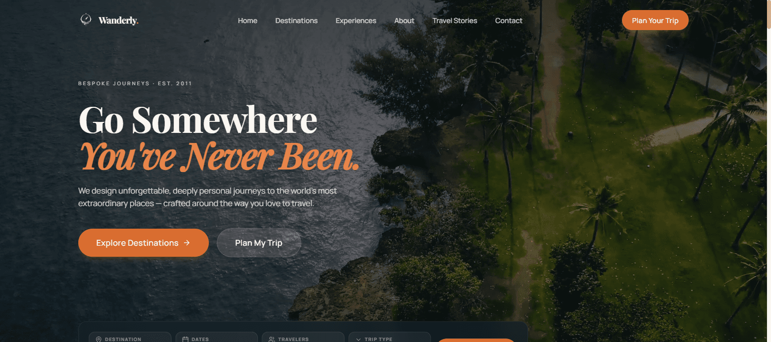 Wanderly Travels travel agency website homepage